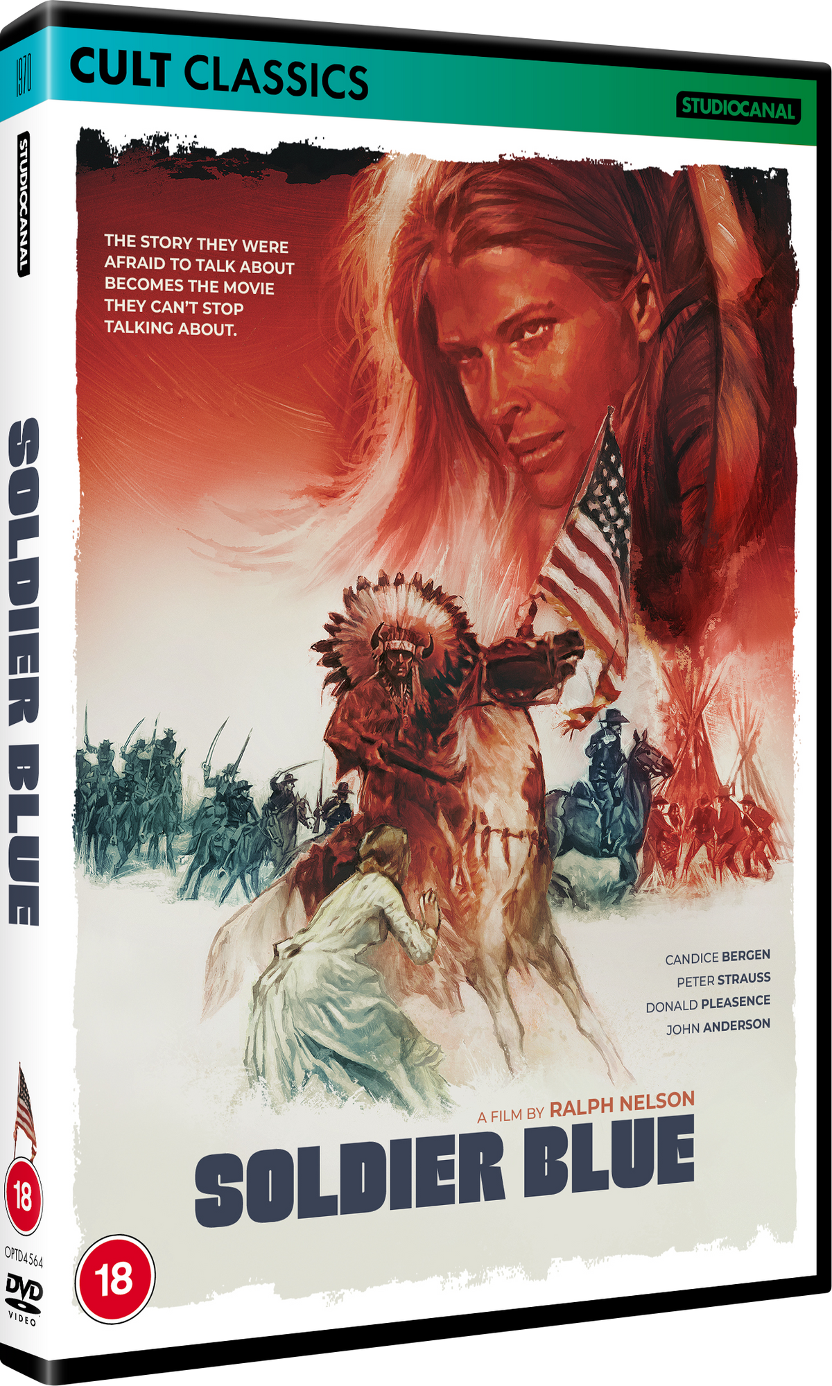 DVD cover art for Soldier Blue featuring a painted scene of soldiers and Native Americans.