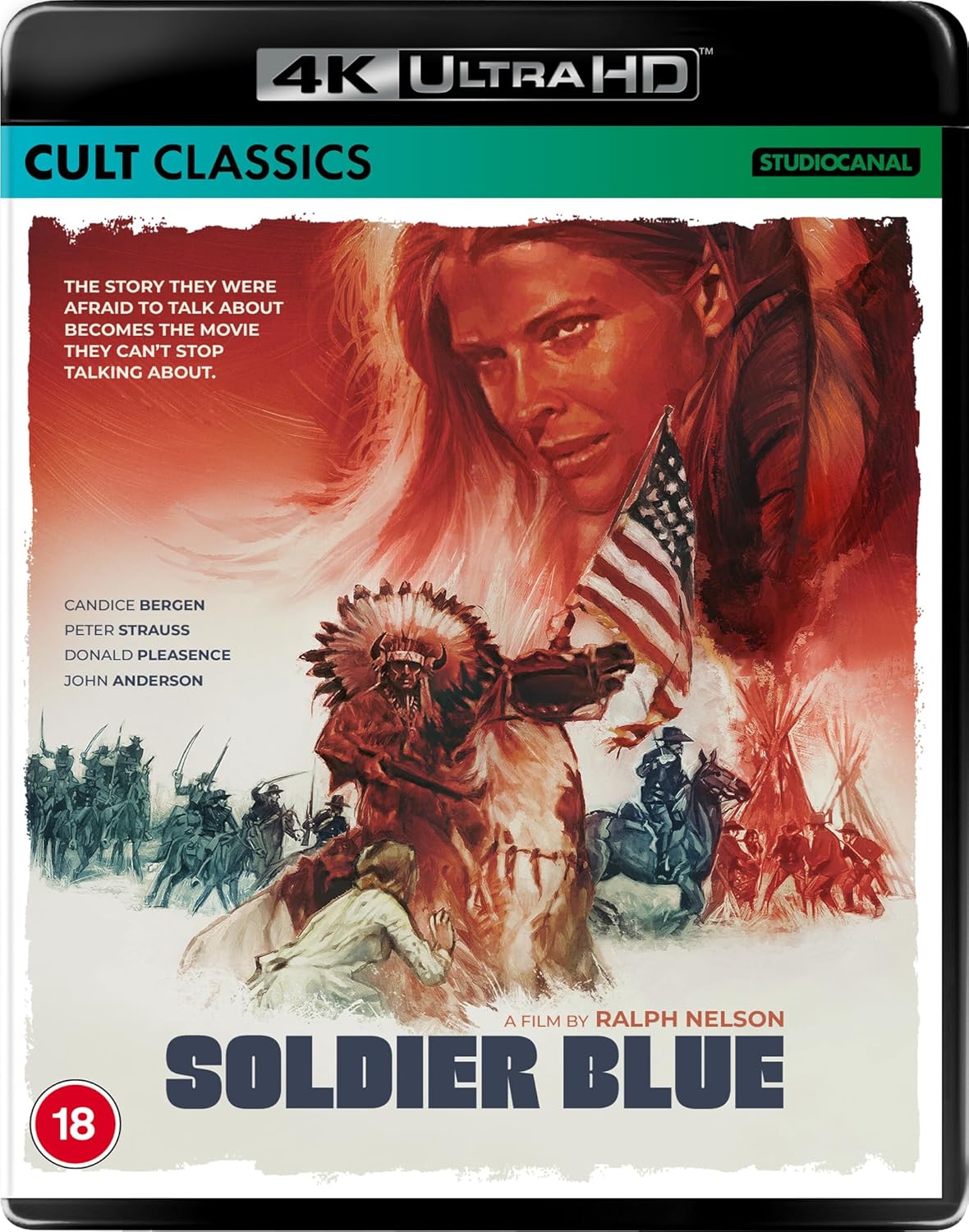 Soldier Blue" UHD/BD cover featuring Candice Bergen and a Native American warrior.