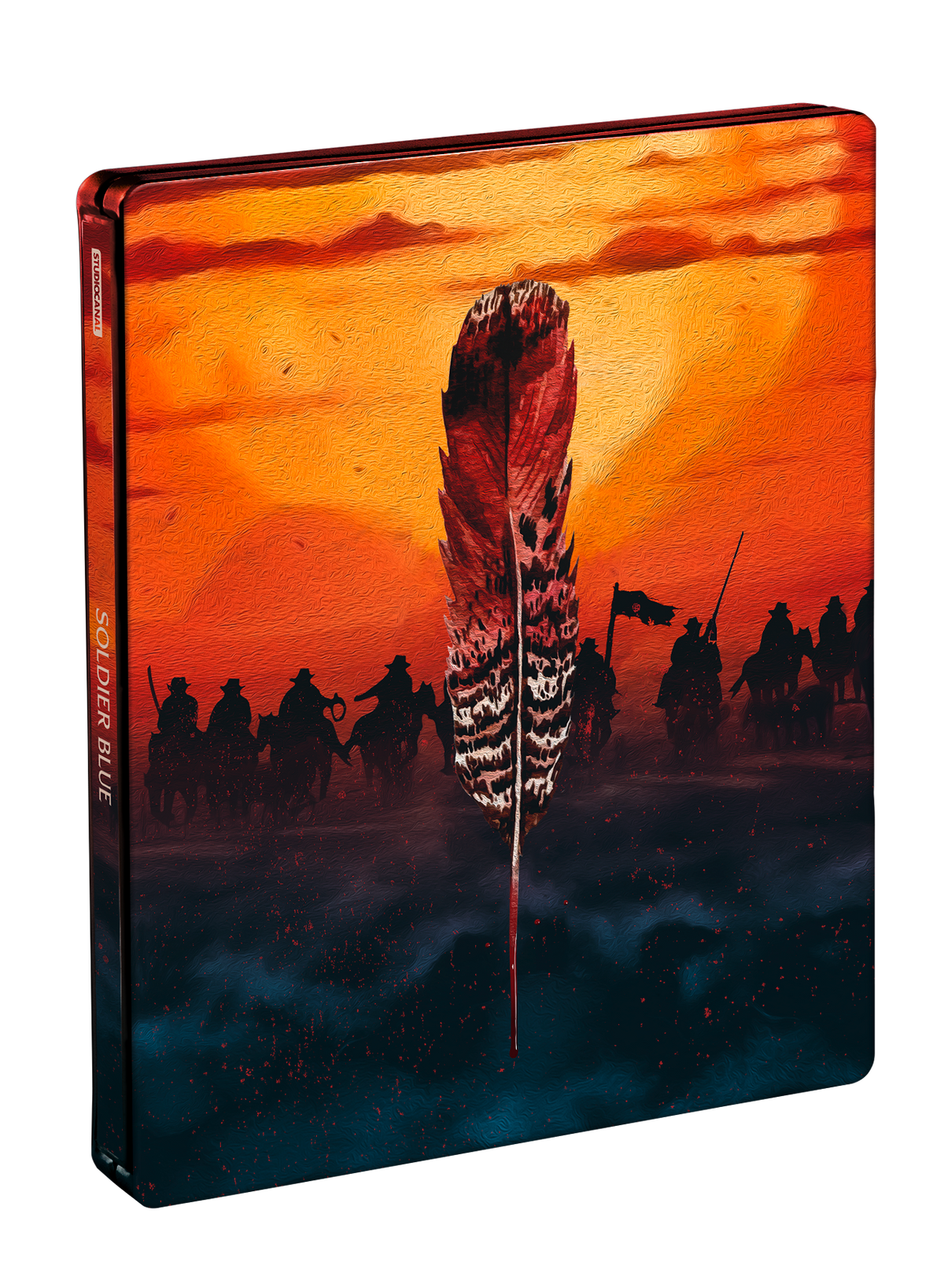 Steelbook cover for “Soldier Blue” featuring a large feather and silhouetted figures.