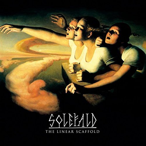 Album cover: three figures reaching towards a swirling, cloudy landscape.