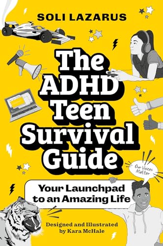 Book cover with yellow background, black text, and illustrations of a teen, tiger, and car.