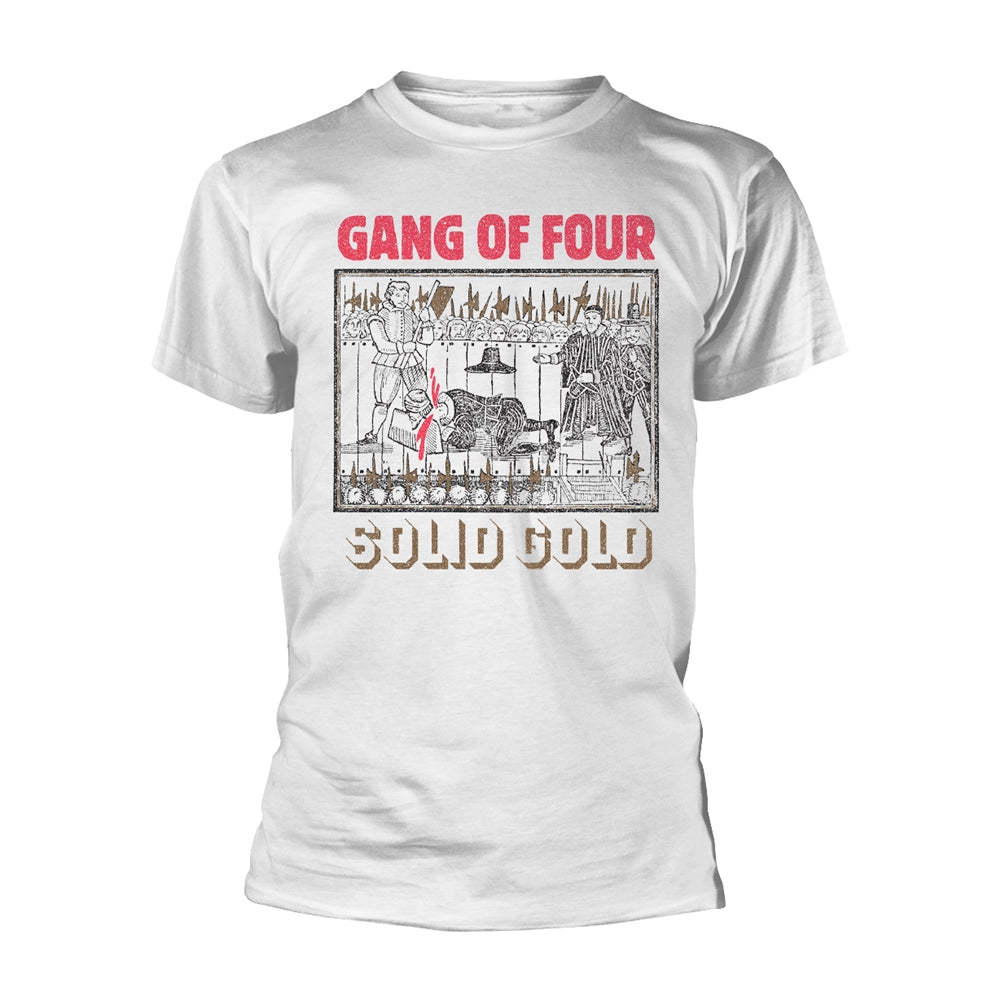 White t-shirt with "SOLID GOLD" and illustrated graphic print.