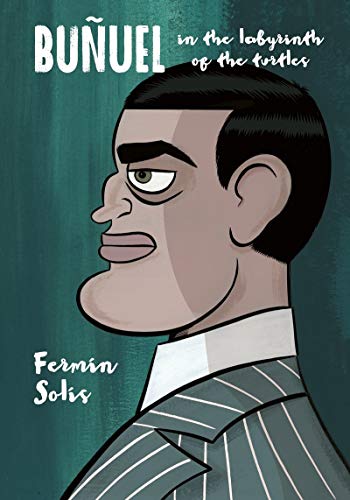 Cartoon portrait of Luis Buñuel in a striped suit, book cover.