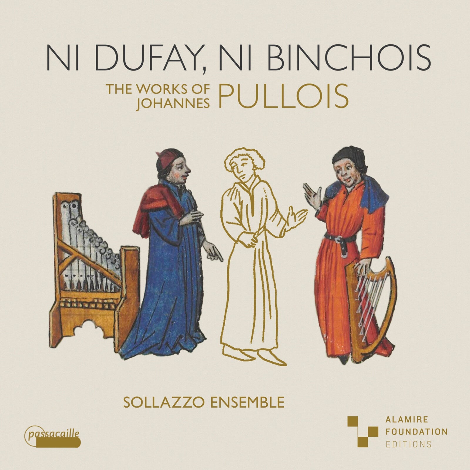 CD cover: Medieval musicians with instruments on a yellow background.