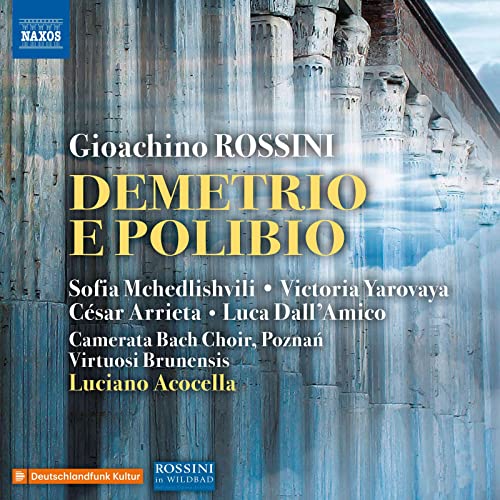 CD cover for Rossini's Demetrio e Polibio featuring a background of classical stone columns.