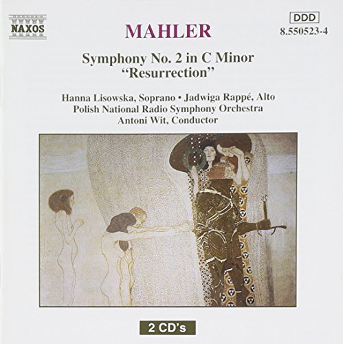 CD cover for Mahler's Symphony No. 2 featuring artwork and text on a white background.