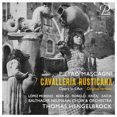 Vintage photo of a fountain and children, with opera title overlay.