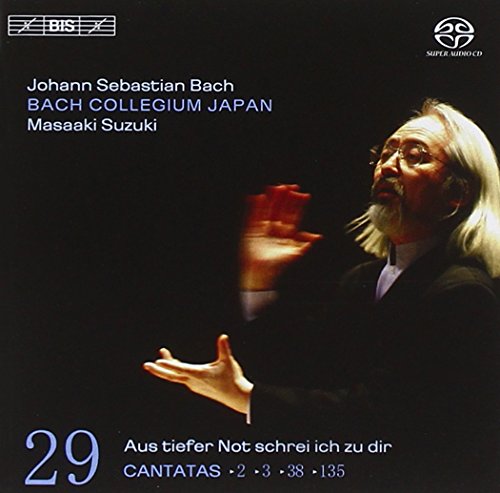 CD cover featuring conductor Masaaki Suzuki with text about Bach cantatas.