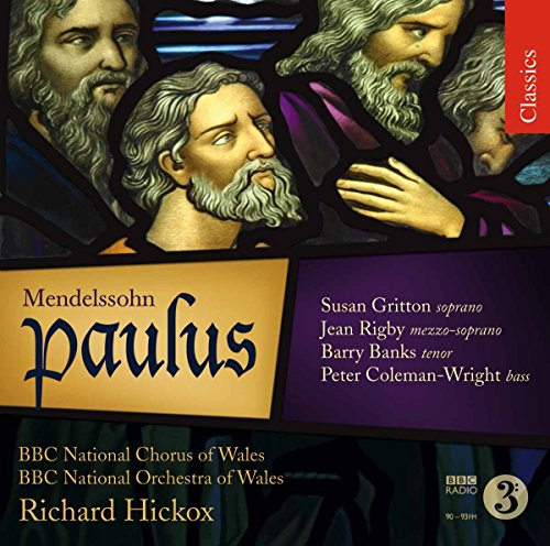 CD cover for Mendelssohn’s Paulus, featuring stained-glass style portraits.