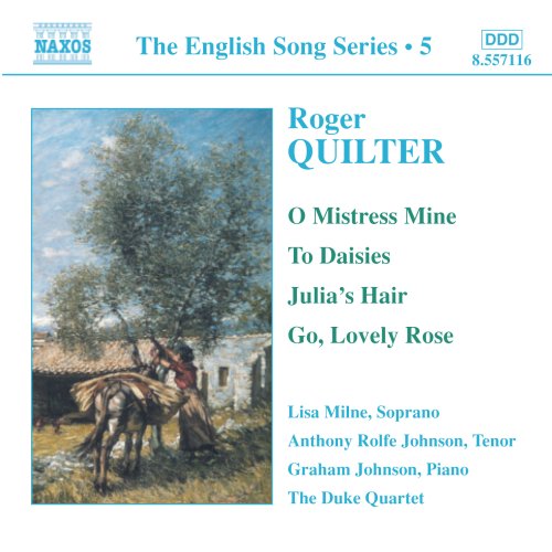 "Album cover with painting of a man and horse, white background, blue text."