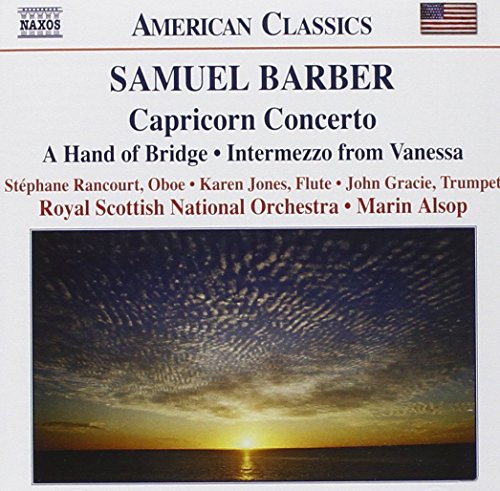 CD cover for Samuel Barber’s Capricorn Concerto with a sunset landscape.