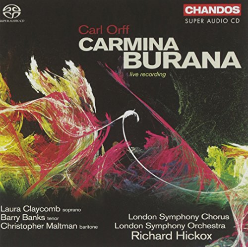 CD cover for Carl Orff’s “Carmina Burana” with abstract red and gold artwork.