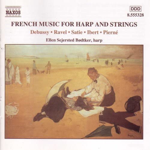 CD cover: painting of people on a beach, text reading "French Music for Harp and Strings".