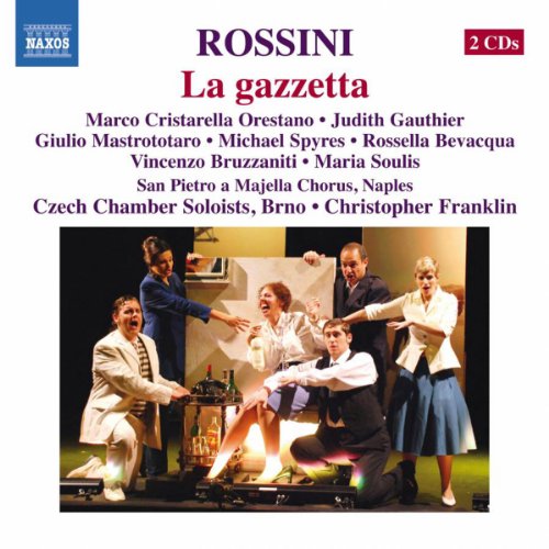 Opera stage scene with six performers in period costumes, Naxos label.