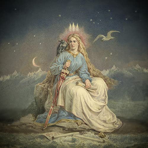 Painting of a woman with long hair, a raven, and a sword, mountains backdrop.