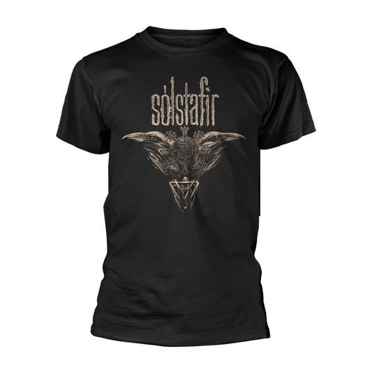 Black t-shirt with a distressed graphic of ravens and geometric shapes.