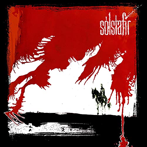 Solstafir album cover: red and white landscape with a silhouetted rider.
