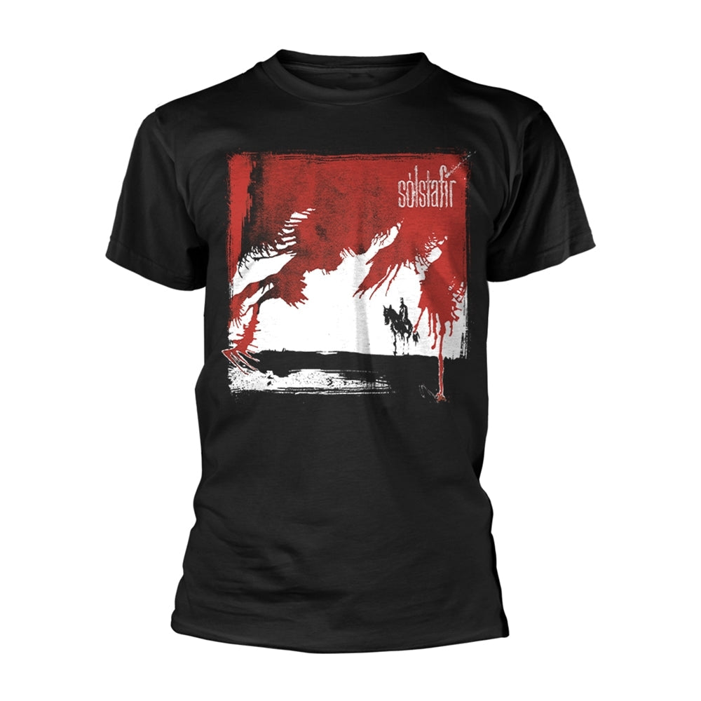 Black t-shirt with a red and white graphic of riders on a beach.