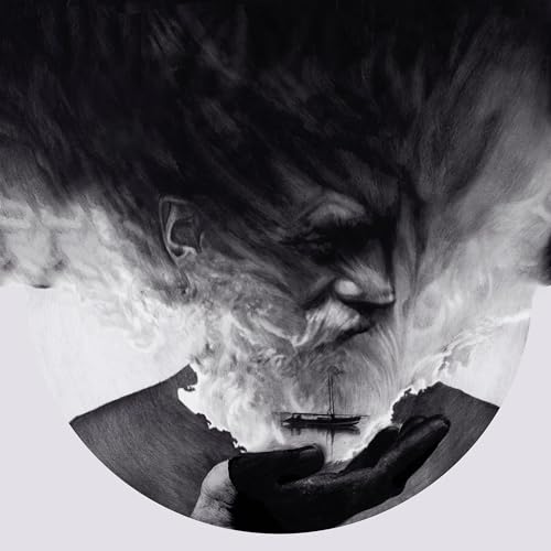 Black and white album cover featuring a face dissolving into ocean waves.