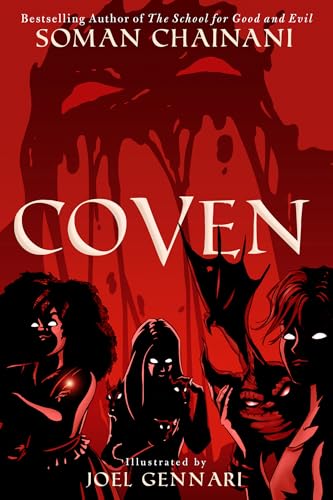 Book cover for "Coven" featuring silhouetted figures against a red background.