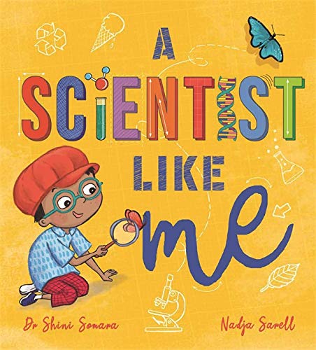 Book cover featuring a young boy with a magnifying glass, science doodles.