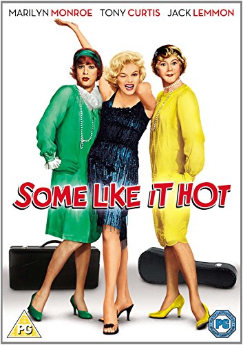 Marilyn Monroe, Tony Curtis, and Jack Lemmon dressed in 1920s attire on DVD cover.