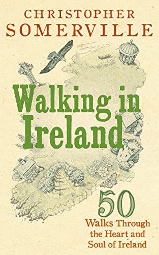 Book cover: “Walking in Ireland” with illustrated map and Celtic cross.