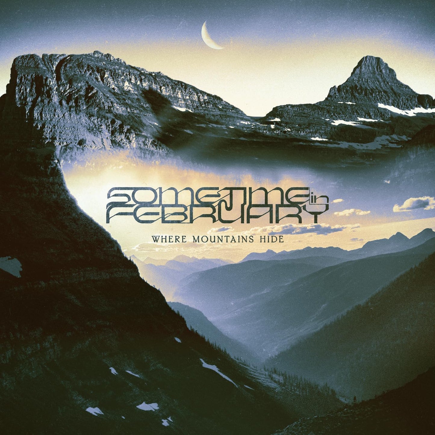 CD cover: Mountains reflected in water with band name “Sometime in February”.