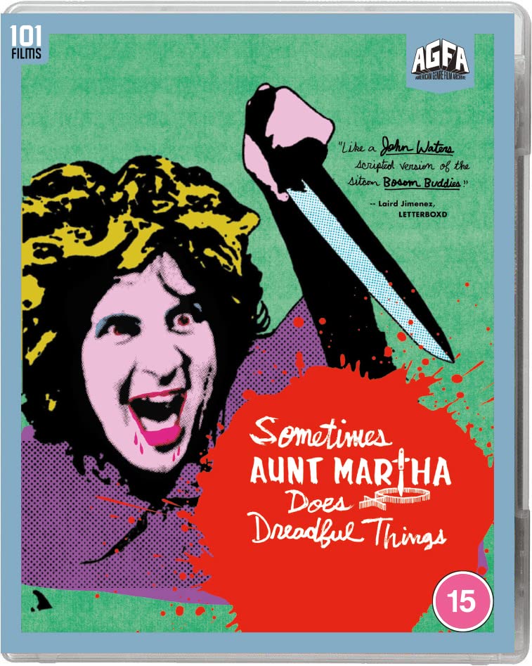 Blu-ray cover: woman’s face, knife, red splatter, title “Sometimes Aunt Martha.”