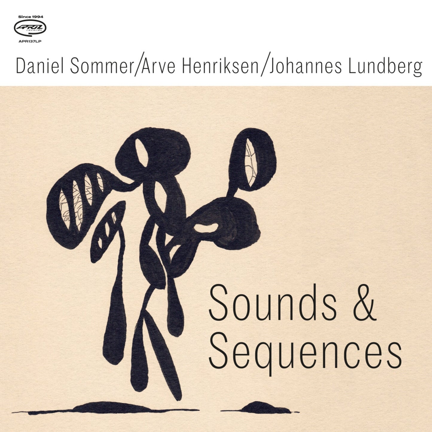 Vinyl record cover with abstract black shapes on a beige background.