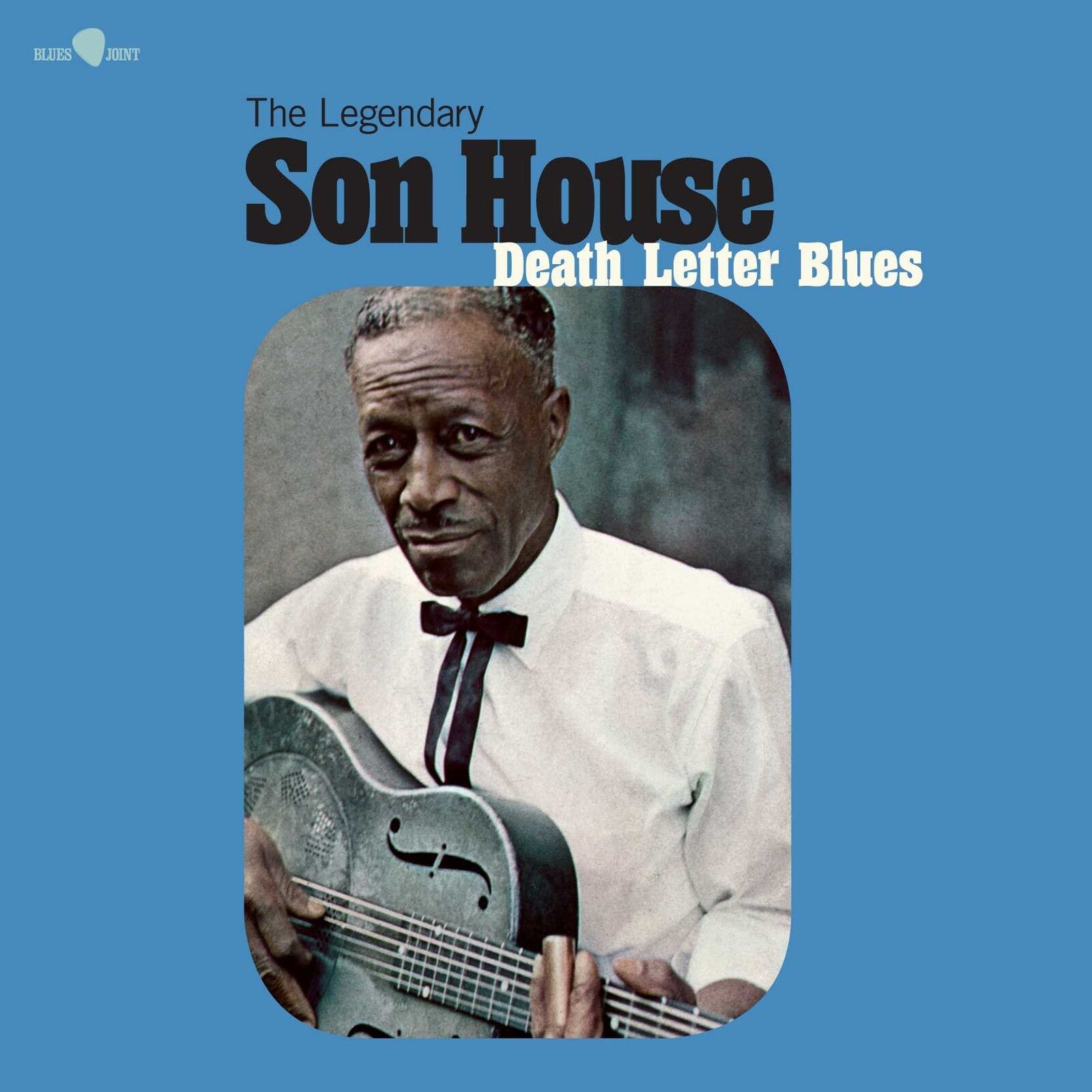 Son House portrait with guitar on a blue album cover.