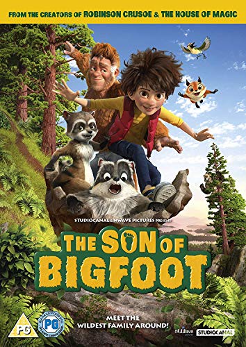 Animated movie poster featuring a boy, Bigfoot, and forest animals in a woodland setting.