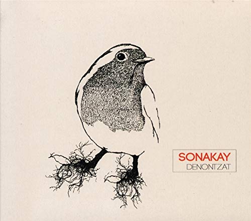 "Album cover with a black and white bird illustration on beige background."