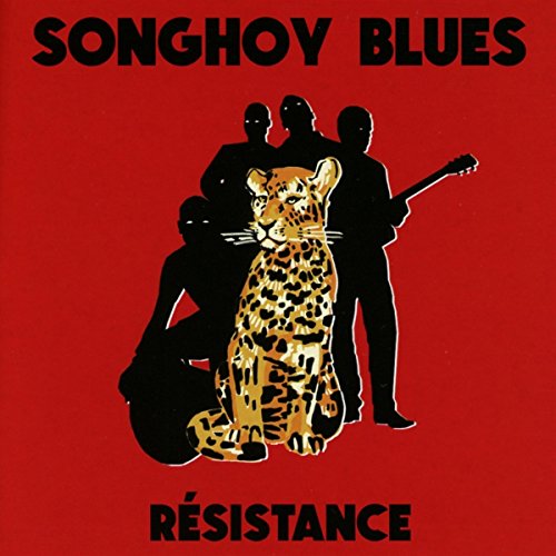 Red album cover for Songhoy Blues’ “Resistance” featuring silhouettes and a leopard.