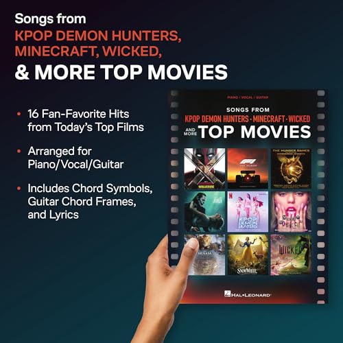 A hand holds a music book titled Songs from Kpop Demon Hunters and Top Movies.