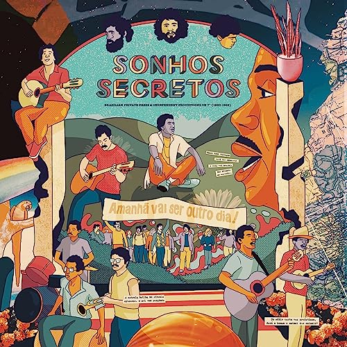 Album cover for "Sonhos Secretos" featuring illustrated people and musical instruments.