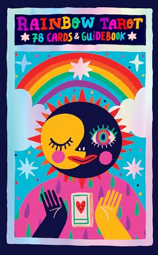 Rainbow Tarot box featuring a sun-moon face, rainbow, stars, and hands holding a card.
