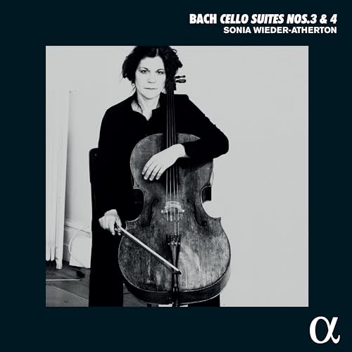 Cellist Sonia Wieder-Atherton with her instrument, album cover for Bach suites.