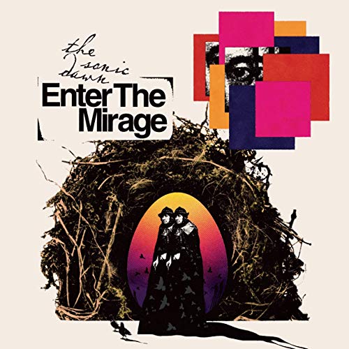 CD cover with figures in a dark cave, abstract colorful shapes.