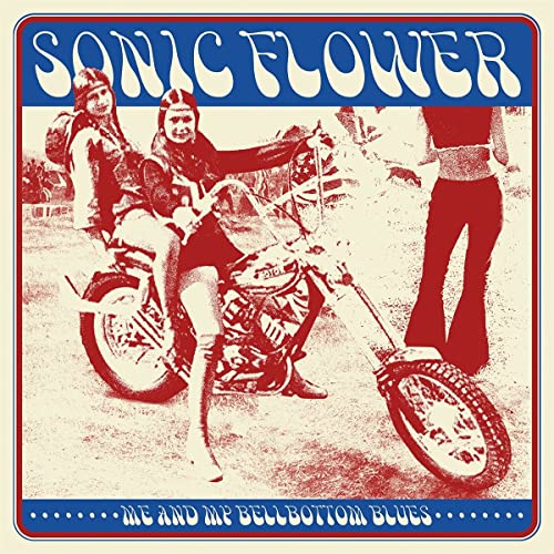 Vintage album cover featuring motorcyclists and flared jeans, red and white tones.