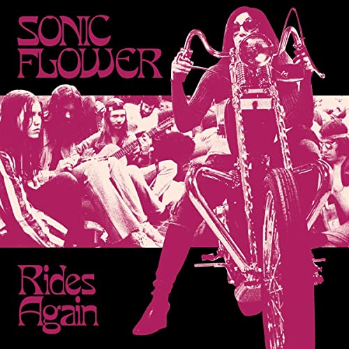 Pink album cover featuring a motorcyclist and band members.