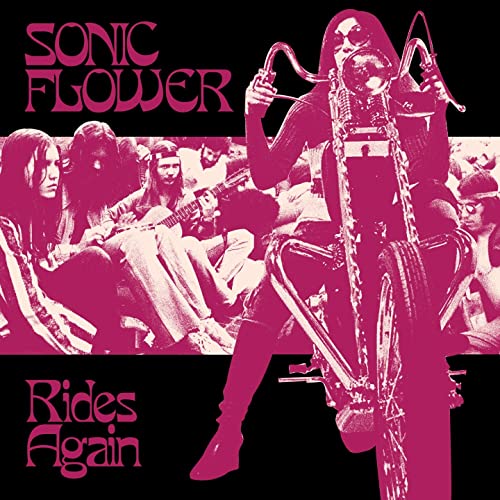Pink album cover featuring a motorcyclist and band members.