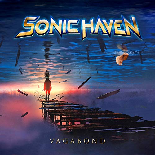 CD cover: lone figure on a pier, falling paper shapes, blue water.