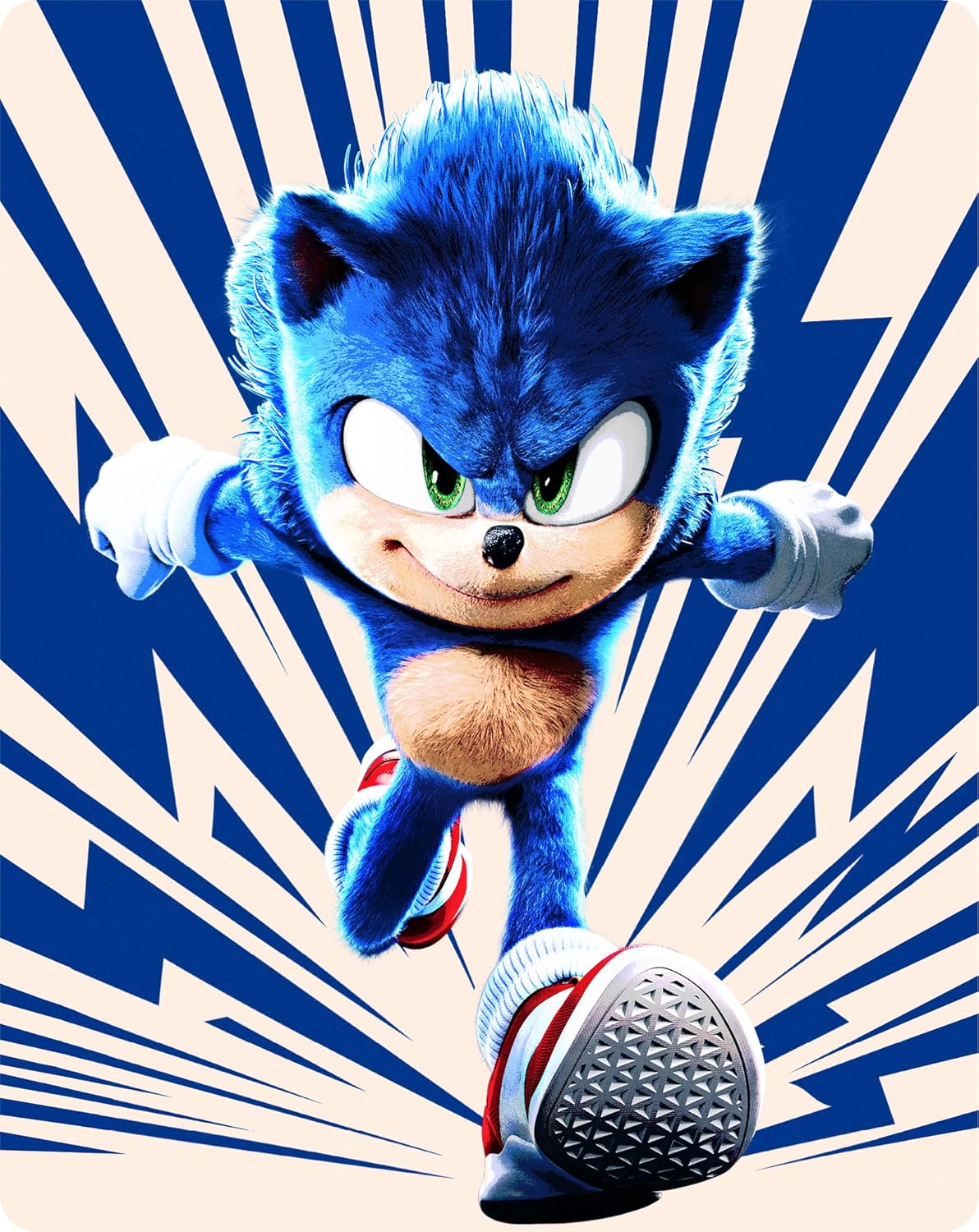 Sonic the Hedgehog running forward, blue fur, green eyes, white gloves.