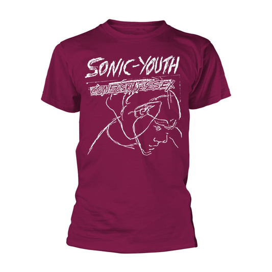 Maroon t-shirt with white Sonic Youth album art and sketched face.