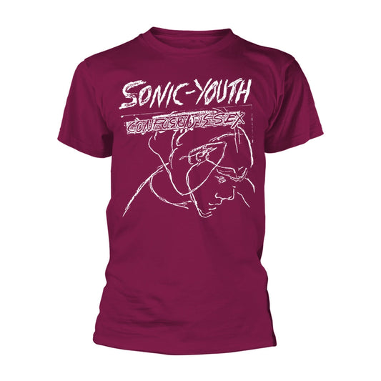 Maroon t-shirt with white Sonic Youth album art and sketched face.