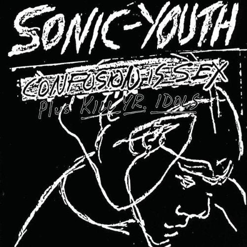 Black and white album cover for Sonic Youth’s “Confusion Is Sex” with abstract art.