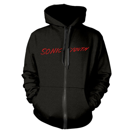 Black zip-up hoodie with red "SONIC YOUTH" text across the chest.