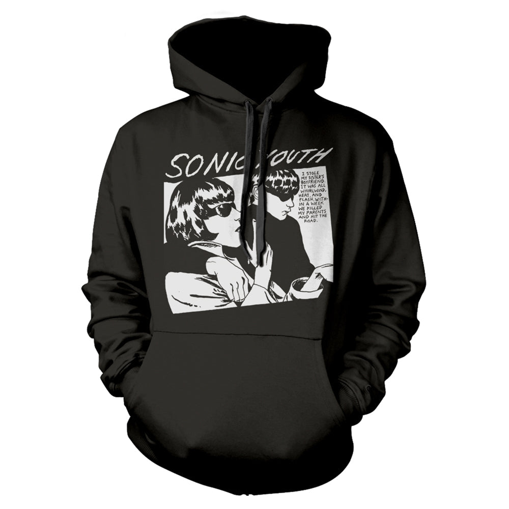 Black hoodie with a distressed Sonic Youth "Goo" album cover graphic.