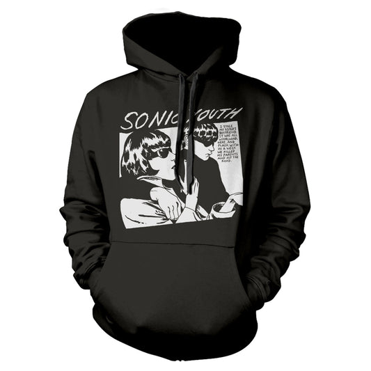 Black hoodie with a distressed Sonic Youth "Goo" album cover graphic.